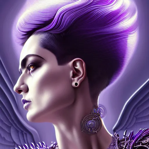 Image similar to woman with extremely large and intricate haircut with angry purple eyes and slim features looking askance, eye cyberpunk bionics, retro futurist style, intricate, elegant gleaming intricate baroque jewelry, angelic halo, highly detailed, digital painting, artstation, concept art, smooth, sharp focus, illustration, art by wlop, mars ravelo and greg rutkowski,