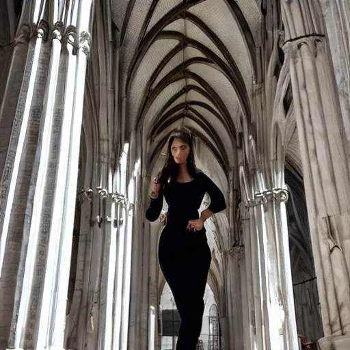 Image similar to architect, white marble gothic cathedral with a alabaster gothic girl dressed in black with perfect face