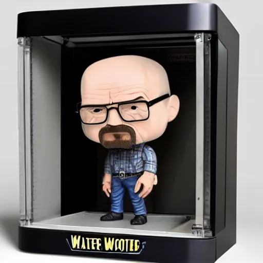 Prompt: Walter white funko pop about to be crushed by hydraulic press
