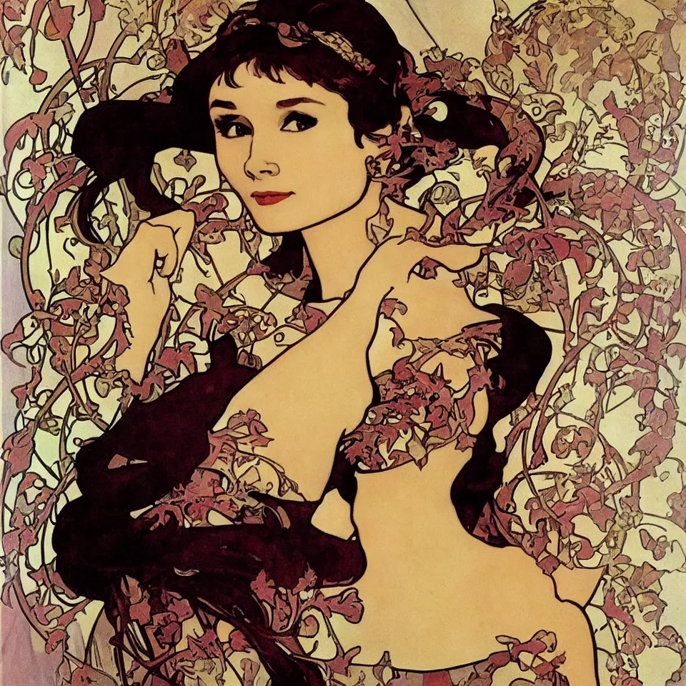 Image similar to audrey hepburn in breakfast at tiffany's by alphonse mucha, art nouveau