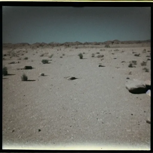 Image similar to a slot machine in the distance in the middle of a desert at night, very dark, dark lighting, old polaroid, damaged film, expired film, slightly blurry, liminal space, surreal,