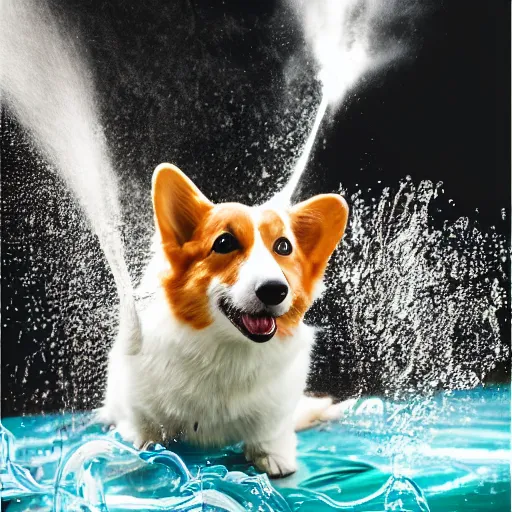 Prompt: Corgi playing with water from a hose, outdoor photo, promo shoot, studio lighting