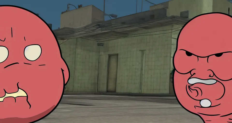 Image similar to Screenshot of Meatwad from Aqua Teen Hunger Force as a 3d NPC in the videogame 'Grand Theft Auto V'. Sharpened. 1080p. High-res. Ultra graphical settings.