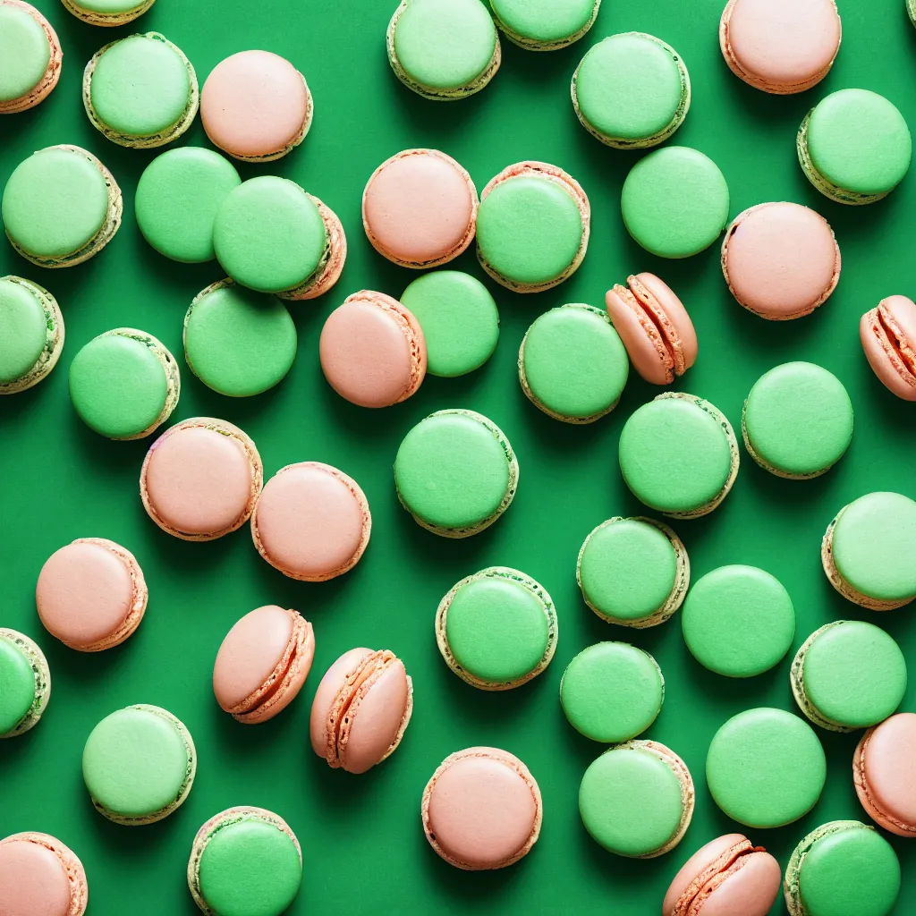 Prompt: top-down view of macarons on top of a green surface, 8k, high detail, photorealistic, proper shading