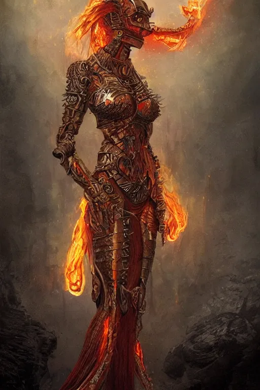 Prompt: Long Worm made of Fire wrapped around the arm of the beautiful fire goddess wearing ornate bikini armor, digital art, trending on artstation, cgsociety, detailed, illustration, professional art by Seb McKinnon