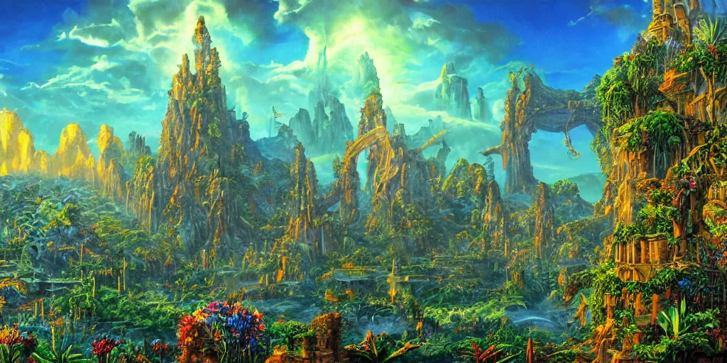 Image similar to fantasy oil painting, regale, fortress mega structure city, atlantis, colossus of rhodes gateway, hybrid, looming, warm lighting, overlooking, epic, lush plants flowers, rainforest mountains, bright clouds, luminous sky, outer worlds, cinematic lighting, michael cheval, michael whelan, oil painting, natural tpose