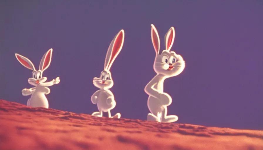 Image similar to 1 9 6 0 s movie still of bugs bunny, 2 0 0 1 a space odyssey, cinestill 8 0 0 t 3 5 mm, high quality, heavy grain, high detail, panoramic, cinematic composition, dramatic light, ultra wide lens, anamorphic, flares