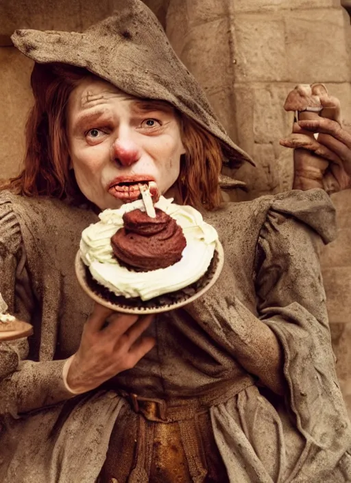 Image similar to closeup portrait of a medieval goblin eating cakes in the cloisters, depth of field, zeiss lens, detailed, symmetrical, centered, fashion photoshoot, by Annie Leibovitz and Steve McCurry, David Lazar, Jimmy Nelsson, Breathtaking, 8k resolution, extremely detailed, beautiful, establishing shot, artistic, hyperrealistic, beautiful face, octane render