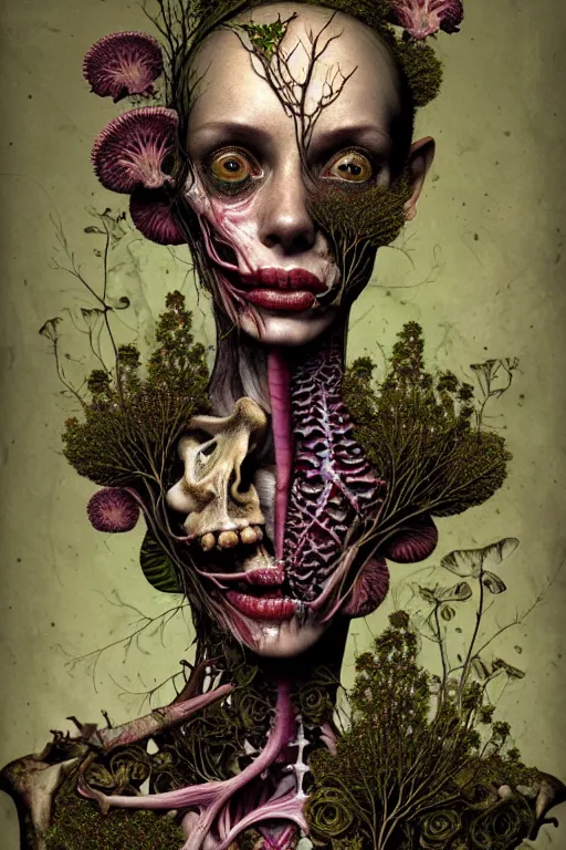 Image similar to very sad and detailed rotten woman corpse with fractal plants and fractal flowers and mushrooms growing around, face muscles, veins, arteries, bones, anatomical, intricate, ornate, surreal, ray caesar, john constable, guy denning, dan hillier