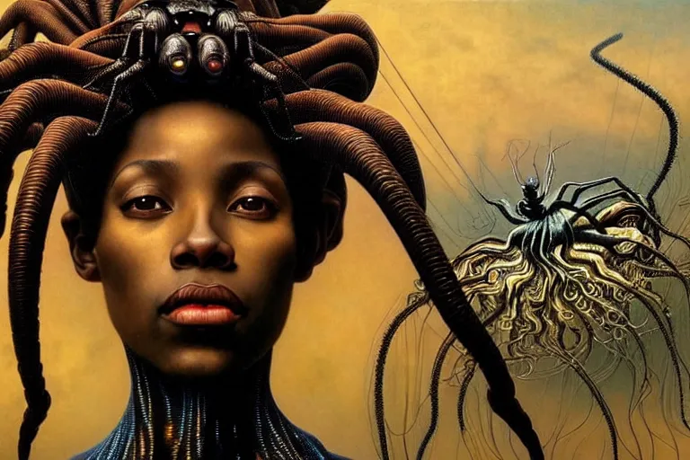 Image similar to realistic detailed portrait movie shot of a beautiful black woman riding a giant spider, dystopian city landscape background by denis villeneuve, amano, yves tanguy, alphonse mucha, max ernst, ernst haeckel, kehinde wiley, caravaggio, jean delville, david lynch, roger dean, cyber necklace, rich moody colours, sci fi patterns, dramatic, wide angle