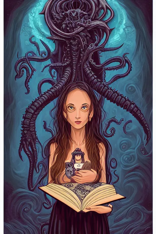 Image similar to ai illustration of romantic girl, her cat and her book of necronomicon, symmetrical, cinematic, sharp focus, 4 k, ultra hd, sense of awe, sinister demonic atmosphere, dreadful, forbidden knowledge, old gods, cthulhu, yog - sothoth! yah, yah, yah! cultist journal cover