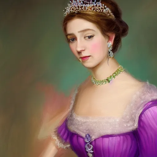 Image similar to Portarit of a princess wearing a lavanda color dress, and a tiara with emeralds,oil painting, digital art, 4k