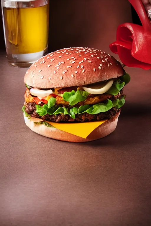 Prompt: hamburger crushed by fist, commercial photography