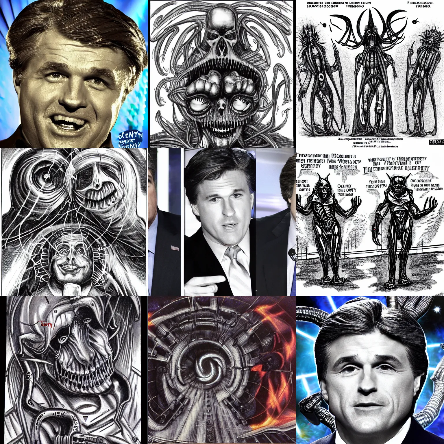 Prompt: Sean Hannity and Tucker Carlson's show, sound stage falling into a in dimensional rift in hell in the style of H.R. Giger