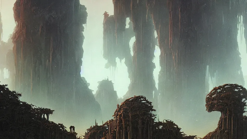 Image similar to eerie atmospheric alien planet with biomechanical plants and the ruins of civilization by les edwards and vincent di fate and anato finnstark, epic cinematic matte painting