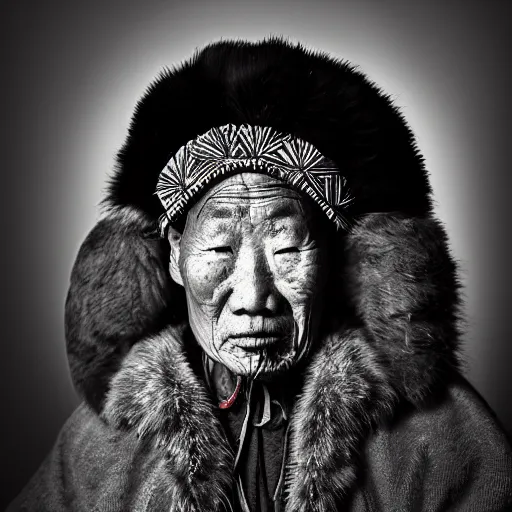 Prompt: portrait of a mongolian shaman, wearing mongolian costume, 7 0 yo, annoyed look, dark background, studio light, hdr, nikon 2 4 mm f / 1 1 g, by sebastiao salgado