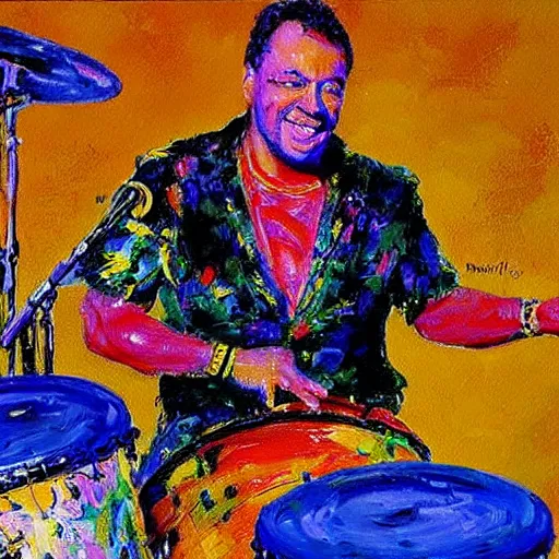 Prompt: painting of neal peart playing a drum solo, by leroy neiman, hd, detailed, award winning