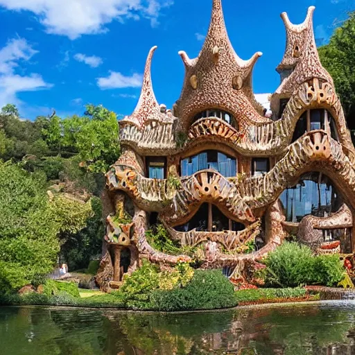 Image similar to valley village on the lake, waterfalls, flowers and intricate detailed visionary architecture and gardens by antoni gaudi, john stephens, alex gray