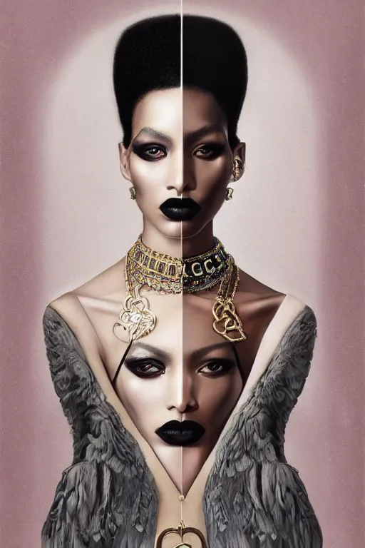 Prompt: gucci black queen fine portrait, face symmetry, gucci photoshoting, symmetry, photo shooting gucci, by tom bagshaw and gucci
