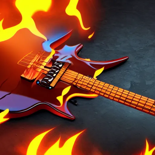 Image similar to epic guitar with flames, 3D octane render