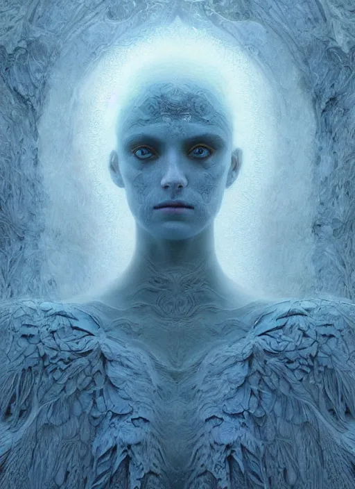 Image similar to Her huge ominous glowing blue eyes staring into my soul , perfect eyes, soft pale white skin, intricate stunning highly detailed, agostino arrivabene, Tomasz strzalkowski, twisted dark lucid dream, 8k portrait render, raven angel wings, swirling thick smoke , beautiful lighting, dark fantasy art, cgsociety