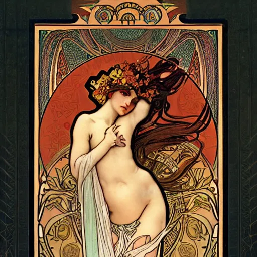 Prompt: persephone as goddess of the underworld, painted by alphonse mucha