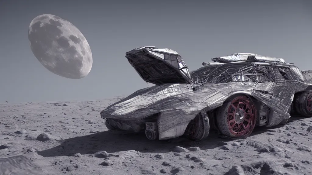 Image similar to a 3 d render of a cyberpunk car on the moon, 8 k, realistic, dynamic, artstation, digital art