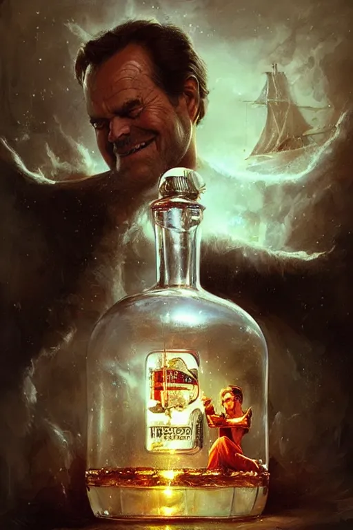 Prompt: a ship in a bottle but instead of a ship it is jack nicholson in the bottle, masterpiece painting by artgerm, greg rutkowski, tom bagshaw