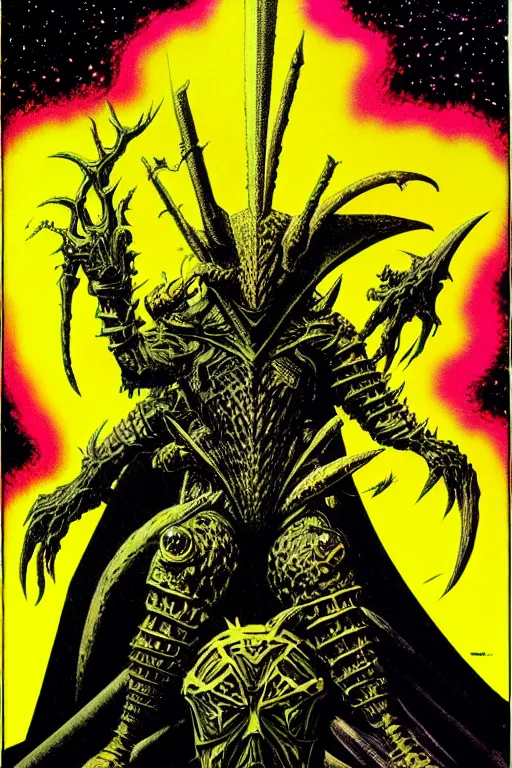 Prompt: black and yellow technicolor color risoprint, richard corben, wayne barlowe, moebius, heavy metal comic cover art, psychedelic triangular lich in heavy shoulders armor, very intricate, thick outline, full body, symmetrical face, long black crown, in a shapes background, galactic dark colors