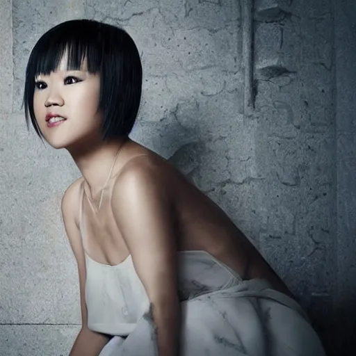 Image similar to like dust, magic gathers in overlooked places, photorealistic portrait of yuja wang. absolutely stunning!, sitting on the stairs to a palace, beautiful omnipotent goddess, symmetrical perfect face, porcelain skin, ultra - detailed, digital art, unreal engine 5, 8 k