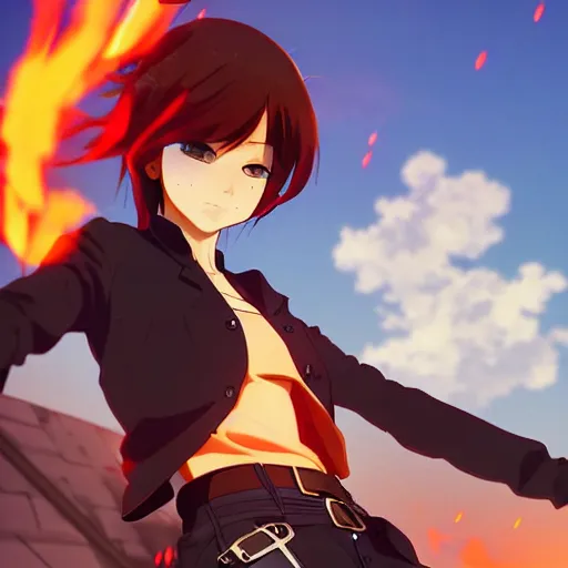 Image similar to makoto shinkai, artgerm, ilya kuvshinov, steampunk beautiful anime woman, red shirt brown pants, black and red hair hair, symmetrical face, symmetrical eyes, second anime woman with orange hair and black pants, action scene, shooting fire war, detailed, summer setting, cinematic lighting