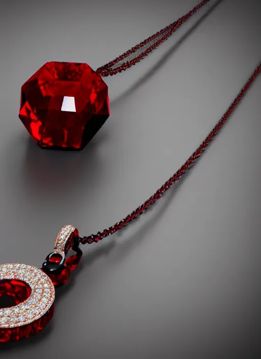 Image similar to object render of a black necklace with a fiery red diamond pendant, Unreal 5, DAZ, hyperrealistic, octane render, dynamic lighting