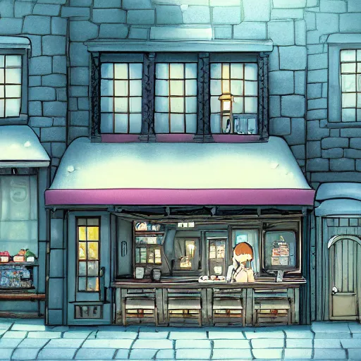 Image similar to beautiful cute cozy little cafe on a cobblestone street in a tiny town, anime style of hayao miyazaki, digital art trending on artstation