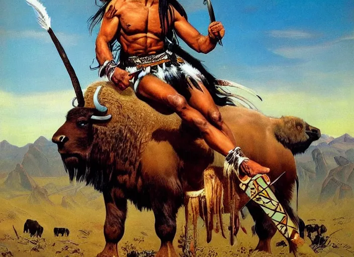 Image similar to powerful native american warrior!! beautiful native american sitting on bison, buffalo, painted by frank frazetta