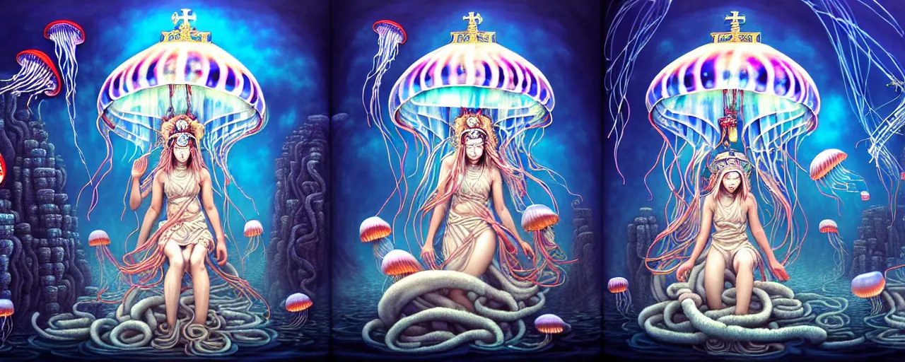 Image similar to A painting of priestesses worshipping at the jellyfish temple, shrouded in mist, jellyfish god, jellyfish priestess, jellyfish shrine maiden 8K, illustration, intricate artwork by Tooth Wu and wlop and Artgerm and dan mumford, smoke, undersea temple with fish, cinematic, insanely detailed and intricate, hypermaximalist, elegant, super detailed, award-winning, chartreuse and orange and cyan, mysterious, ancient, ritual, ethereal, trending in cgsociety, artstation HQ, ornate, elite, haunting, matte painting, beautiful detailed, insanely intricate details, artstation trending