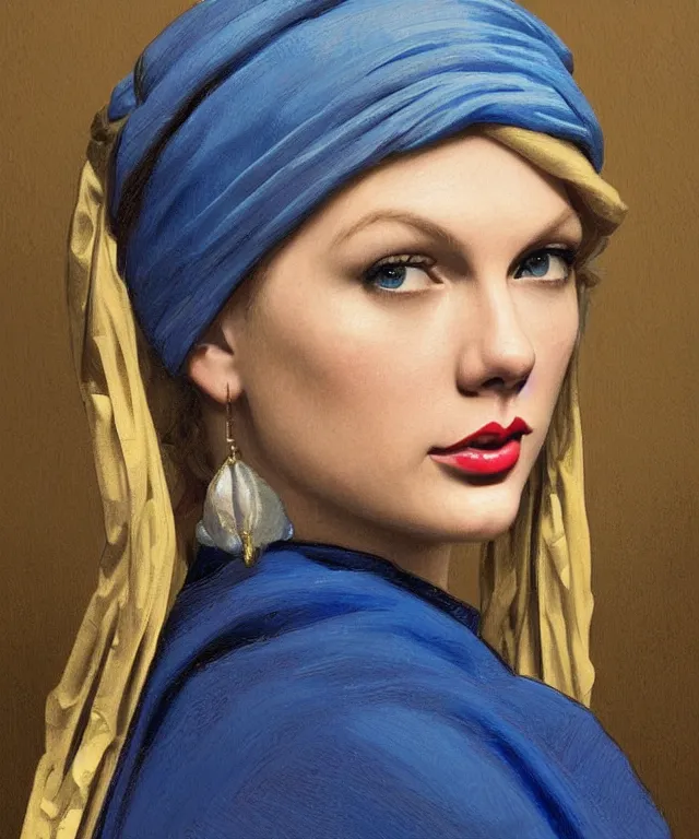 Image similar to Taylor Swift as the girl with the pearl earring, highly detailed, digital painting, artstation, concept art, smooth, sharp focus, illustration, ArtStation, art by artgerm and greg rutkowski and alphonse mucha and J. C. Leyendecker and Edmund Blair Leighton and Katsuhiro Otomo and Geof Darrow and Phil hale and Ashley wood and Ilya repin and Charlie Bowater