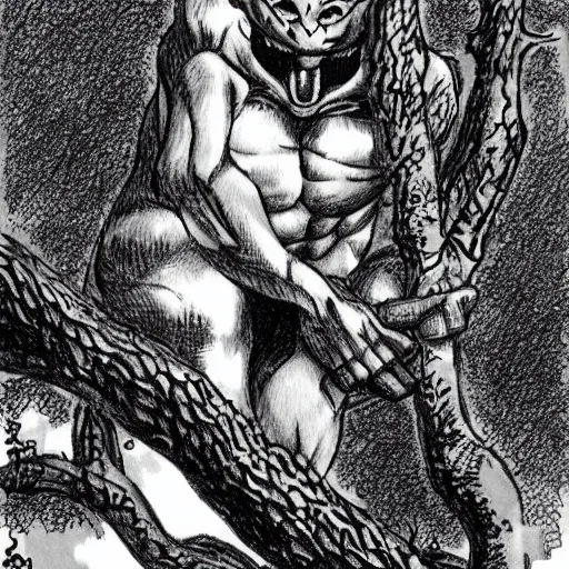 Prompt: a panther sitting on a tree branch by kentaro miura