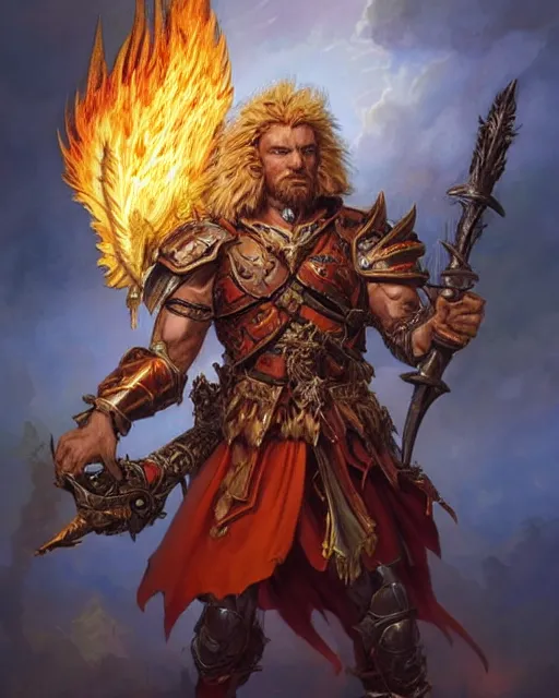 Prompt: d & d character portrait of a brawny male leonin warrior lion angel of justice, with fiery golden wings of flame, wearing shining armor, wielding a flaming sword and holding a large fiery shield, by peter mohrbacher, mark brooks, jim burns, wadim kashin, greg rutkowski, larry elmore, esao andrews, trending on artstation