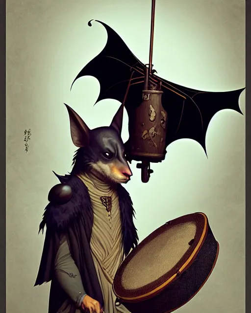 Image similar to anthropomorphic art of a bat playing the drum set, medieval clothing by artgerm, victo ngai, ryohei hase, artstation, highly detailed digital painting, smooth, global illumination, fantasy art by greg rutkowsky, karl spitzweg