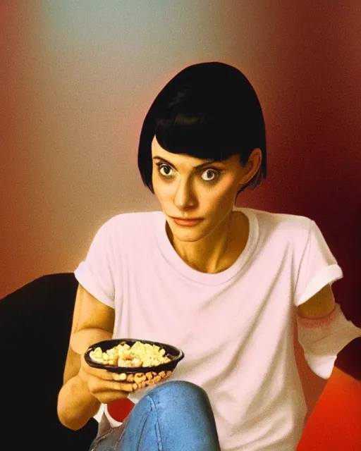 Prompt: 2 0 years old courtney cox eating cereal in her boyfriend's shirt, redshift, colour shift, wide shot, coloured polaroid photograph, pastel, kodak film, hyper real, stunning moody cinematography, by maripol, fallen angels by wong kar - wai, style of suspiria and neon demon, david hockney, detailed, oil on canvas