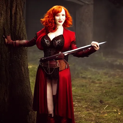 Image similar to full body photo of christina hendricks as a vampire warrior with weapons