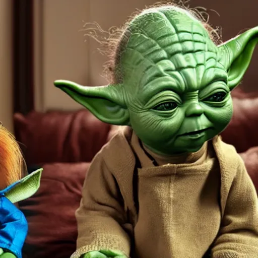 Prompt: Yoda sitting on the couch next to Chucky the killer doll playing video games in a messy room