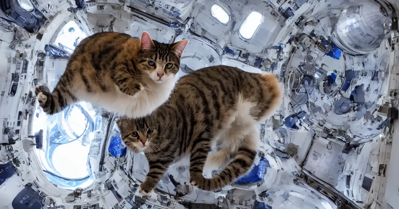 Image similar to Photo of a cat floating inside the International Space Station in zero gravity, highly-detailed 4K award-winning cinematic, wide angle