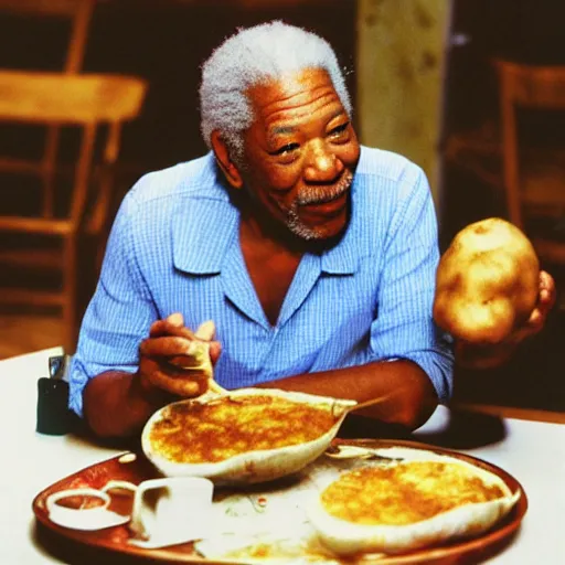 Prompt: polaroid photo of morgan freeman eating a spanish potato omelette