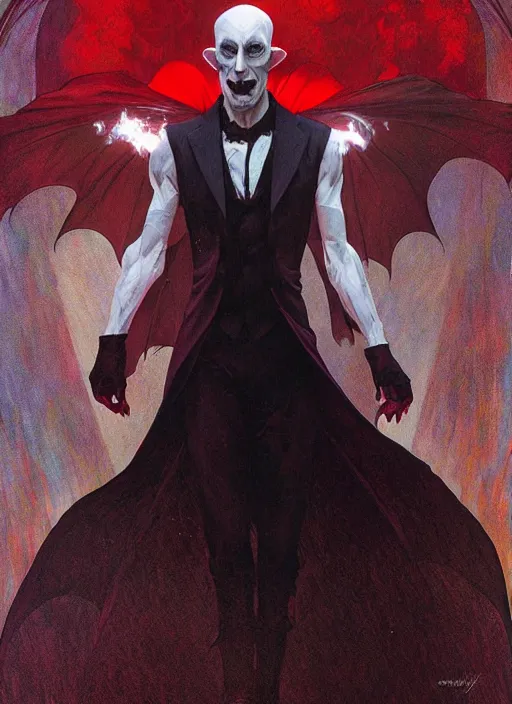 Image similar to symmetry! portrait of nosferatu, bats, red splash aura in motion, floating pieces, painted art by tsuyoshi nagano, greg rutkowski, artgerm, alphonse mucha, spike painting