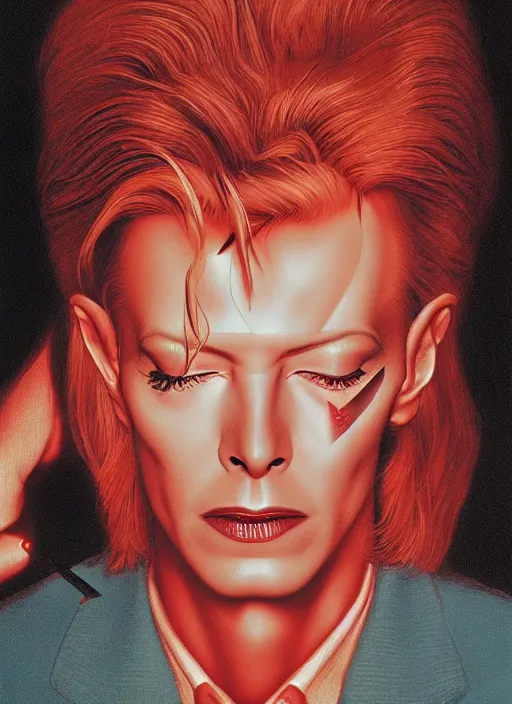 Image similar to twin peaks poster art, portrait of david bowie lost in the labyrinth of the red room, other dimension, this is his fate for the next two years, by michael whelan, rossetti bouguereau, artgerm, retro, nostalgic, old fashioned