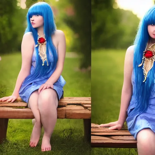 Image similar to dslr photo of a pretty young woman, full bodied portrait, with blue hair, sitting on a bench wearing a flower skirt, and body and wearing hemp sandals and a very detailed ruby necklace around neck, artgerm, artstation, very high quality face, intricate details, extremely high quality, moody lighting, real camera, real photo, 8 k, full subject in shot