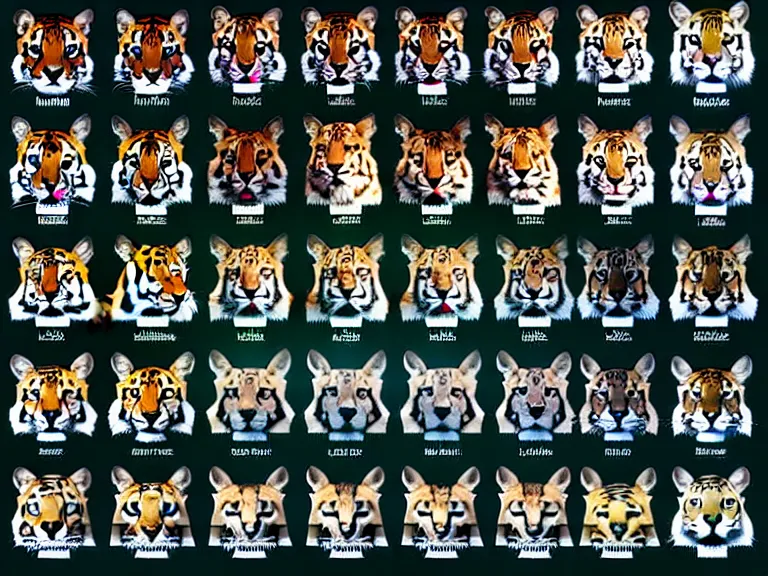 Image similar to multiple, side by side, epic card scans, portrait of different felidae including tiger, lynx, serval, cougar, ocelot, caracal, puma, leopard, panther, jaguar, highly detailed, digital art