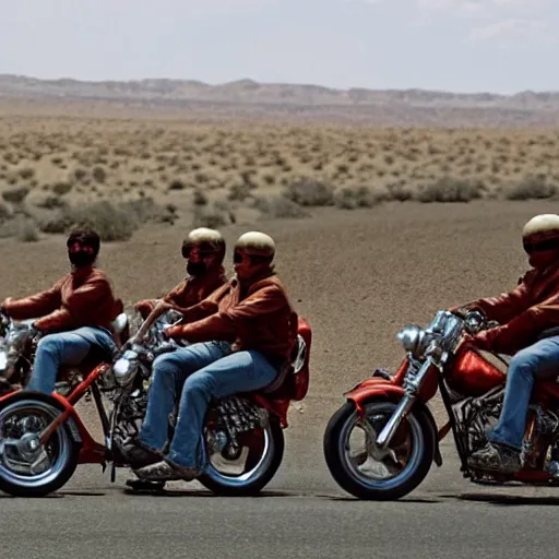 Prompt: hells angels riding ona long road in the desert