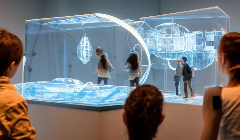 Image similar to group of people in simple white museum, looking at hologram of futuristic city on a table, cinematic concept art, godrays, golden hour, natural sunlight, 4 k, clear details, tabletop model buildings, center model buildings, hologram center, crane shot, crane shot, crane shot